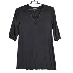 Womens Luxology Black Tunic Dress Lace-Up Neckline 3/4 Sleeve Polyester Size 12